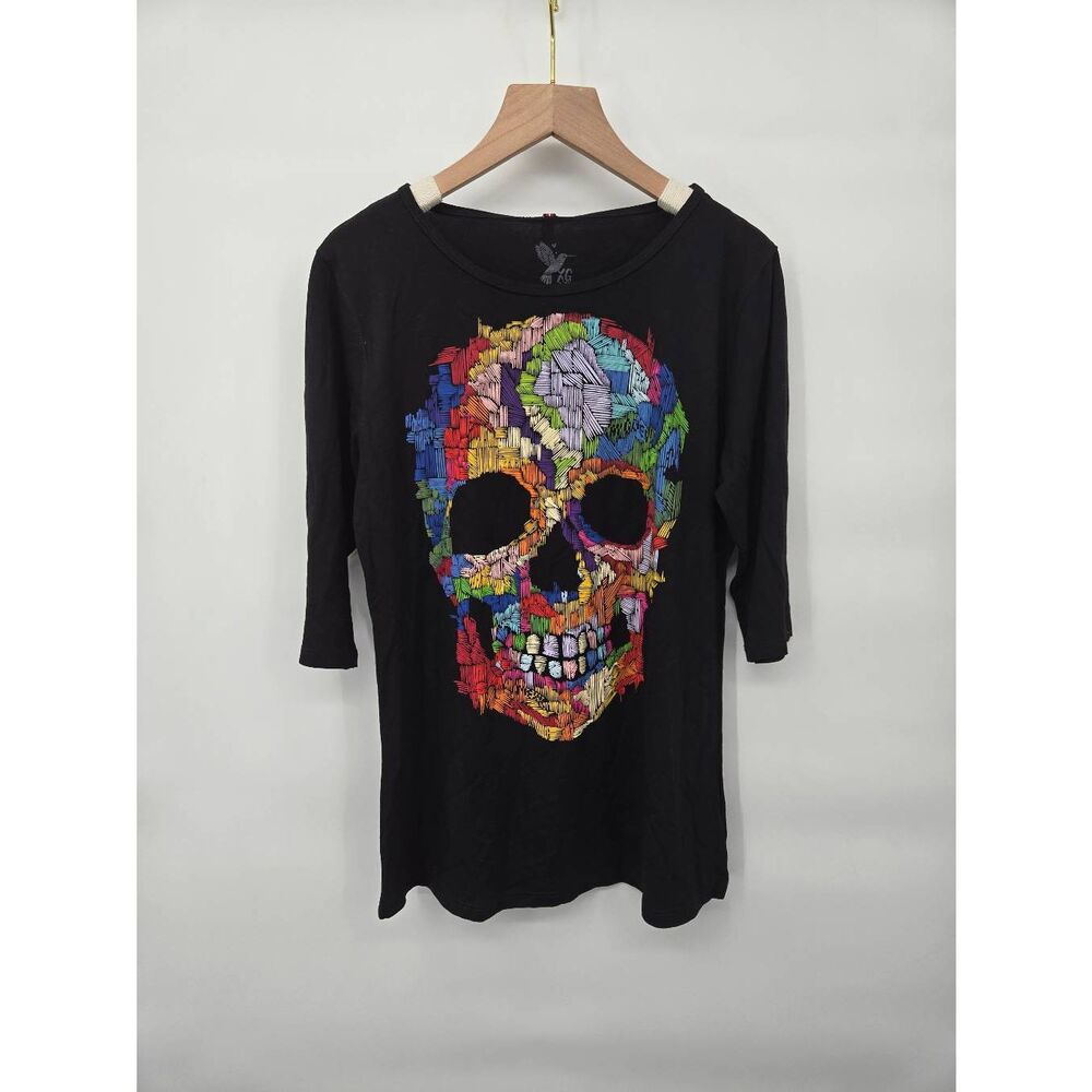 Ay Guey Skull Shirt Size XL Colorful Black 3/4 Sleeve New With Tags